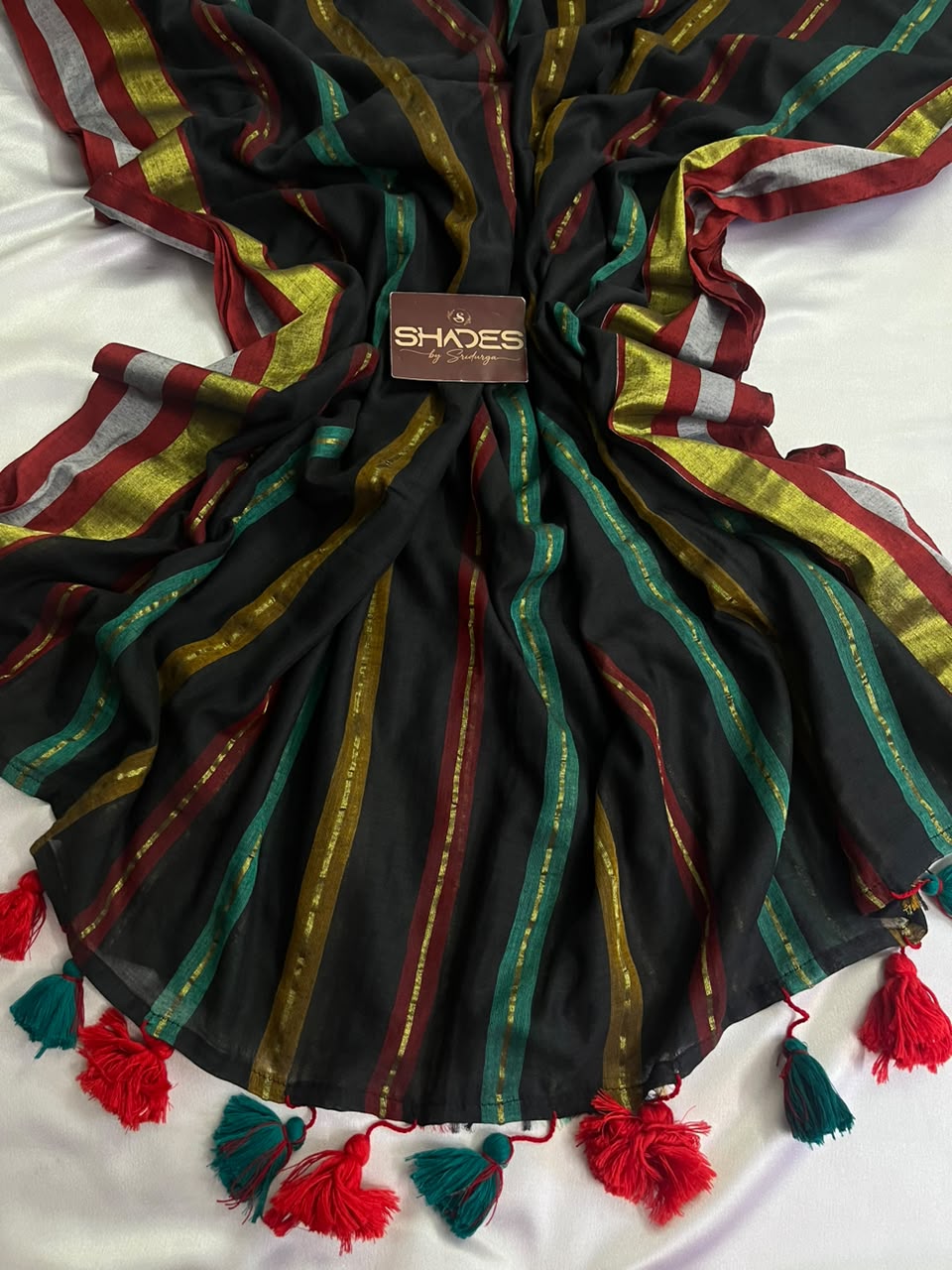 Black Rainbow - Pure 120 Count Mul Cotton Saree