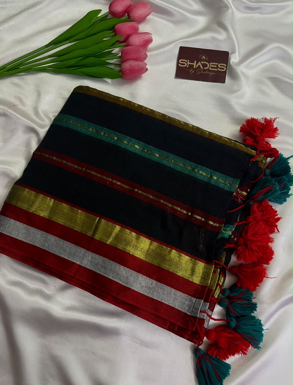 Black Rainbow - Pure 120 Count Mul Cotton Saree