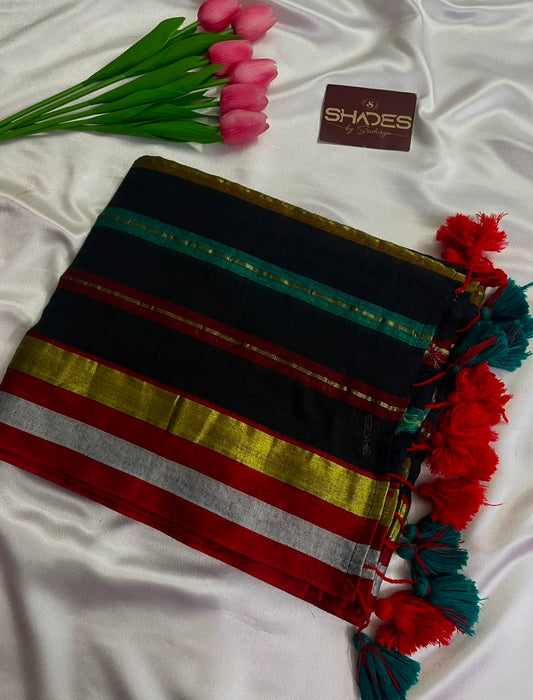 Black Rainbow - Pure 120 Count Mul Cotton Saree