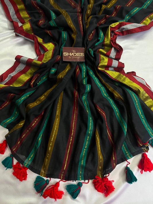 Black Rainbow - Pure 120 Count Mul Cotton Saree