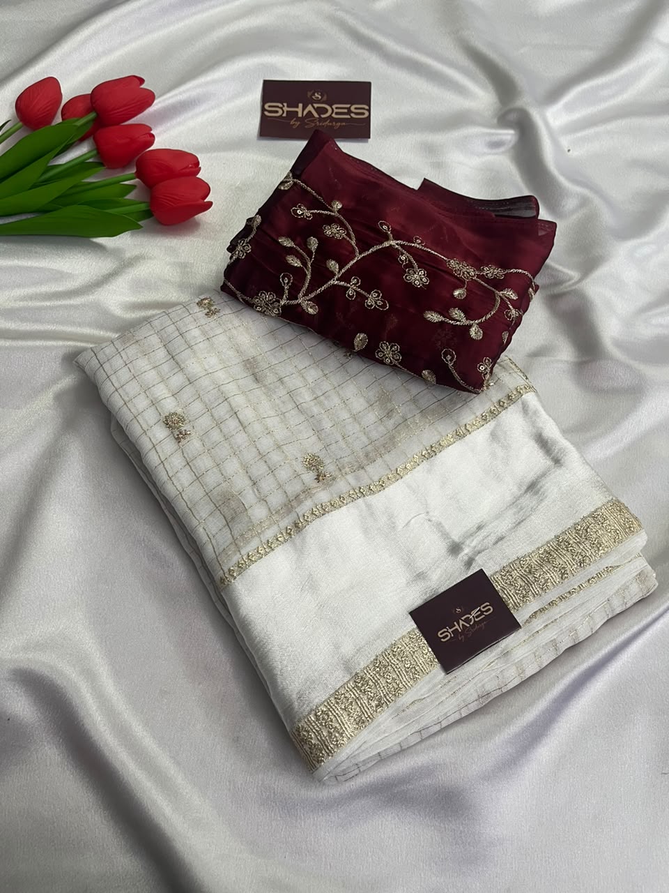 Viara - Premium Viscose Georgette (Offwhite Saree with Red Blouse)