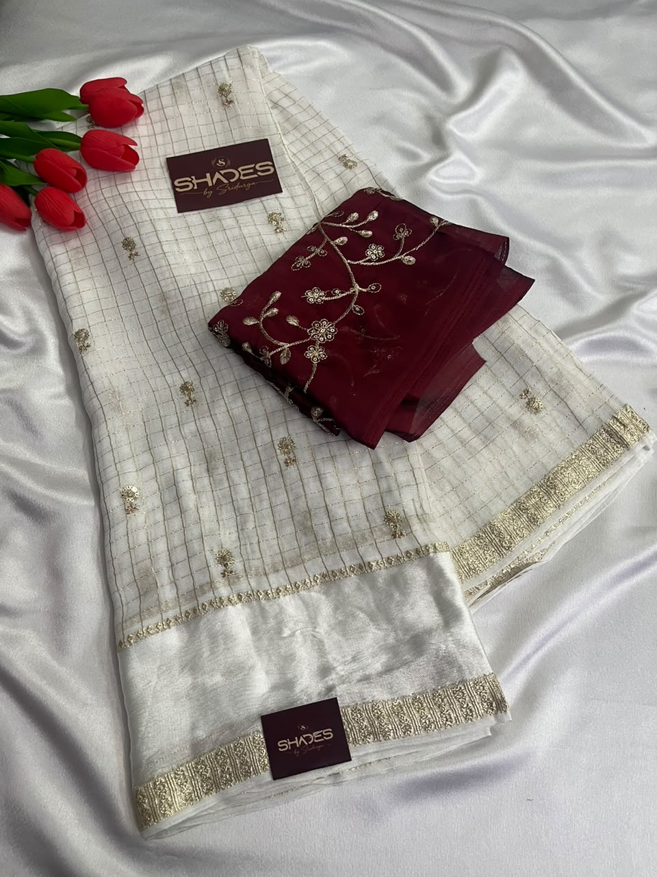 Viara - Premium Viscose Georgette (Offwhite Saree with Red Blouse)