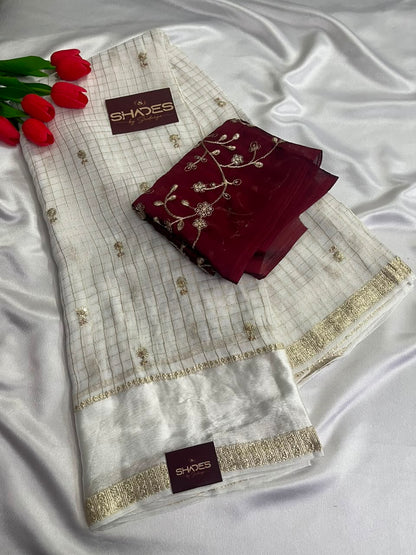 Viara - Premium Viscose Georgette (Offwhite Saree with Red Blouse)
