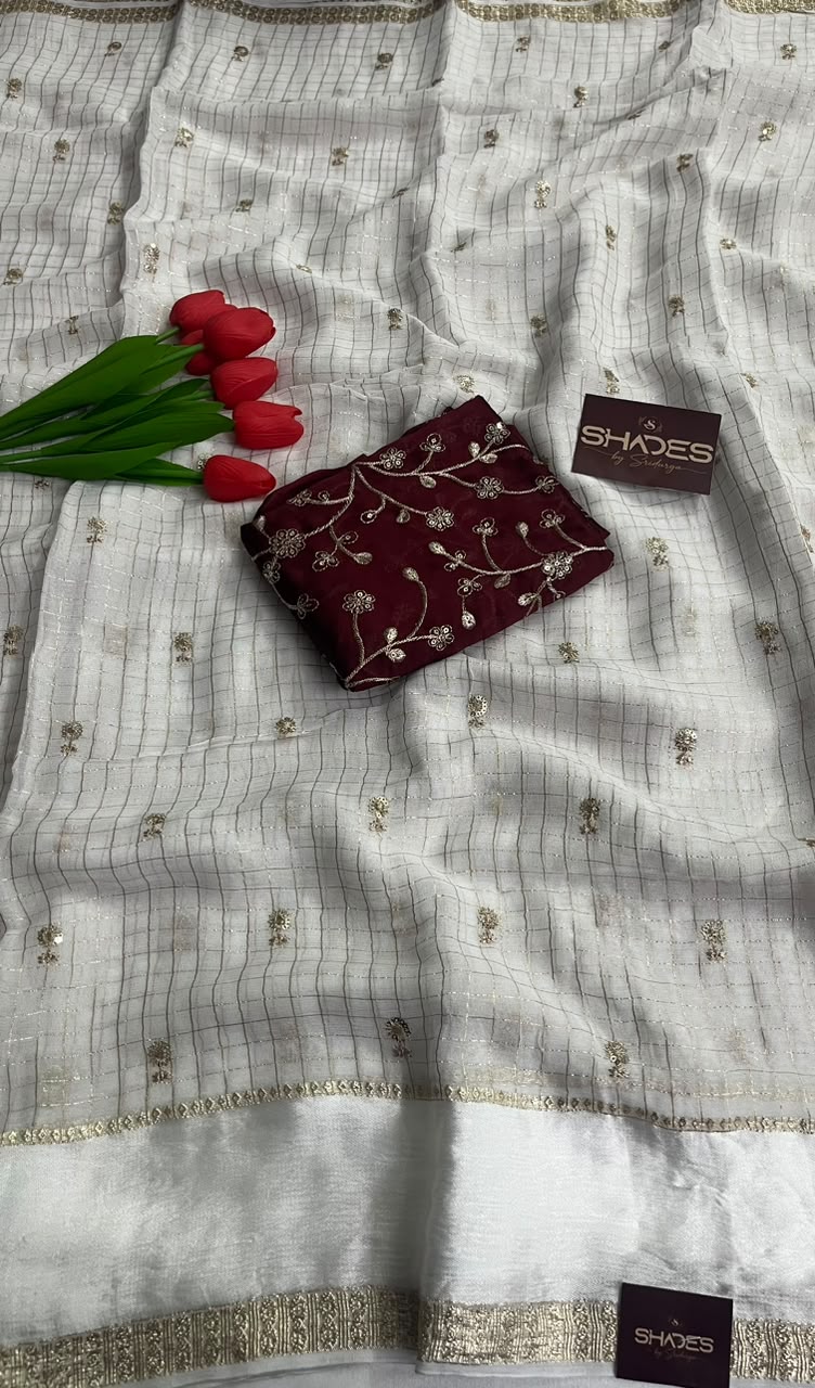 Viara - Premium Viscose Georgette (Offwhite Saree with Red Blouse)