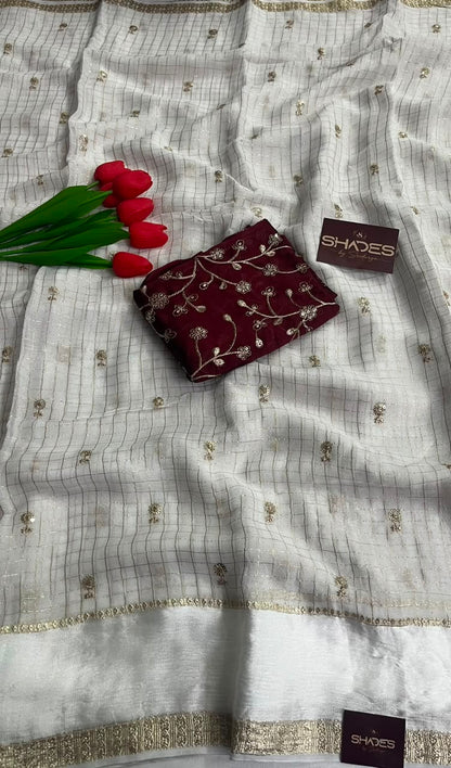 Viara - Premium Viscose Georgette (Offwhite Saree with Red Blouse)